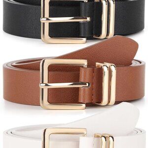 Pack 3 Women Belts for Jeans Pants, Fashion Gold Buckle Leather Belts